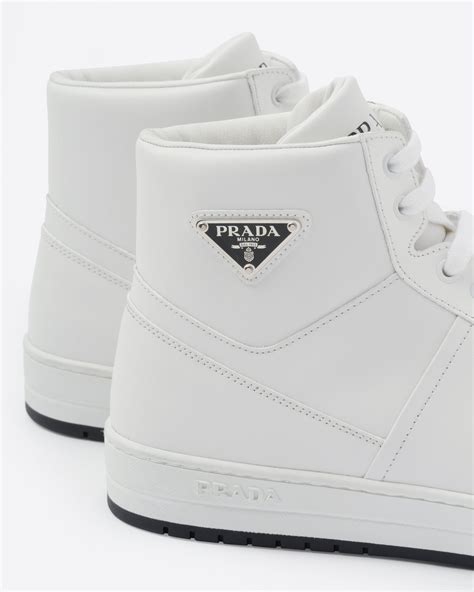 black and white high top prada sneakers|Prada leather and shearling sneakers.